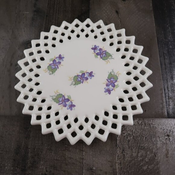 Lattice Lace Edge White Milk Glass Plate with Purple Flowers Pointed Vintage - Picture 2 of 5